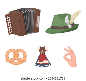 Tyrolean hat, accordion, dress, pretzel. Oktoberfest set collection icons in cartoon style vector symbol stock illustration web.