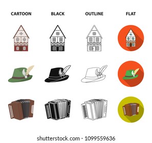 Tyrolean hat, accordion, dress, pretzel. Oktoberfest set collection icons in cartoon,black,outline,flat style vector symbol stock illustration web.