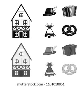 Tyrolean hat, accordion, dress, pretzel. Oktoberfest set collection icons in black, monochrome style vector symbol stock illustration web.
