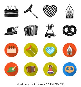 Tyrolean hat, accordion, dress, pretzel. Oktoberfest set collection icons in black,flet style vector symbol stock illustration web.
