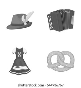 Tyrolean hat, accordion, dress, pretzel. Oktoberfestset collection icons in outline style vector symbol stock illustration web.
