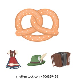 Tyrolean hat, accordion, dress, pretzel. Oktoberfest set collection icons in cartoon style vector symbol stock illustration web.