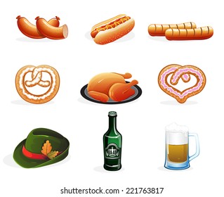 Tyrolean hat, beer and snacks. Oktoberfest symbols on a white background