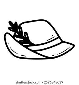 Tyrolean hat. Hand drawn doodle. Traditional Bavarian headdress. Oktoberfest festival costume. Head wear. Alpine accessory. Vector line art illustration.