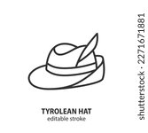Tyrolean hat line icon. Hunter hat with feather vector symbol. German traditional accessory. Editable stroke.