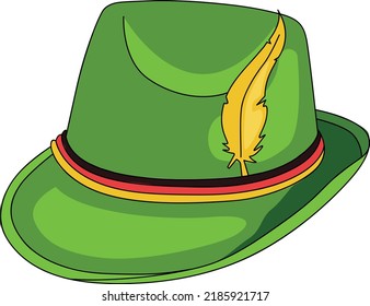 Tyrolean Hat Vector Stock Illustration. Bavarian Hat Icon Over White Background. A Headdress Worn In Parts Of Austria, Germany, Italy And Switzerland. Green Felt. Isolated On A White Background.