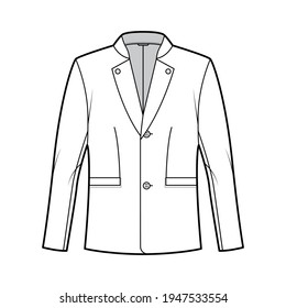 Tyrolean jacket tuxedo technical fashion illustration with long sleeves, stand lapel collar, welt pockets. Flat Austrian coat template front, white color style. Women, men, unisex top CAD mockup