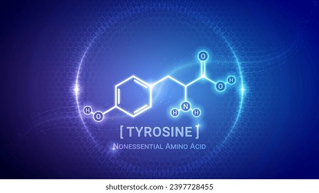 Tyrosine, Amino Acid Chemical Structure, Organic Compound, Molecule, Chemistry, Biology, Medical, Nutrition Futuristic Hologram Neon Glow Bright Translucent Backdrop Background Illustration