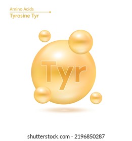 Tyrosine (Tyr) amino acid capsules vitamins complex minerals. 3D Model of molecule orange isolated on white background. For food supplement ad package design. Science medic concept. Vector EPS10.