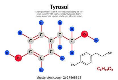 Tyrosol, organic compound, molecular structure formula, ball-and-stick model, suitable for education or chemistry science content. Vector illustration