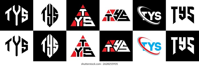 TYS letter logo design in six style. TYS polygon, circle, triangle, hexagon, flat and simple style with black and white color variation letter logo set in one artboard. TYS minimalist and classic logo