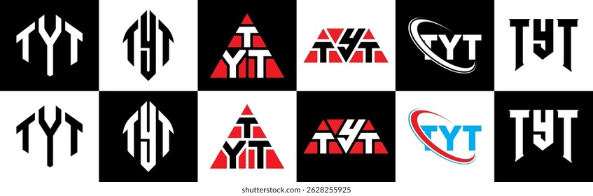 TYT letter logo design in six style. TYT polygon, circle, triangle, hexagon, flat and simple style with black and white color variation letter logo set in one artboard. TYT minimalist and classic logo