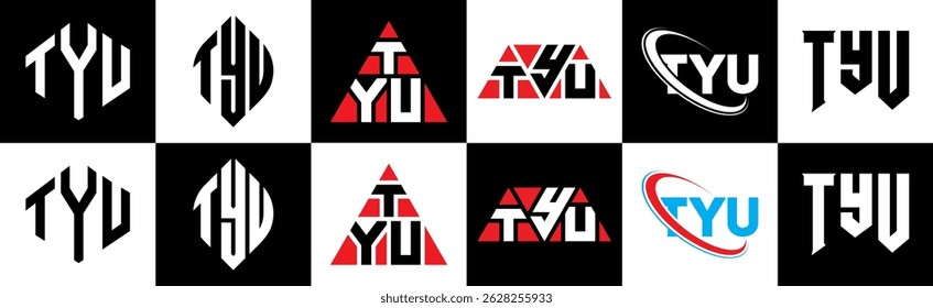 TYU letter logo design in six style. TYU polygon, circle, triangle, hexagon, flat and simple style with black and white color variation letter logo set in one artboard. TYU minimalist and classic logo