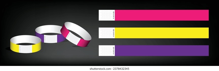 TYVEK WRISTBAND VECTOR ILLUSTRATION, SET OF TYVEK WRISTBAND IN MULTI COLOUR, ISOLATED IN PAPER WRISTBAND,  DESIGN FOR MOCKUP, HAND BAND, YELLOW, VIOLET AND PINK WRISTBAND ISOLATED