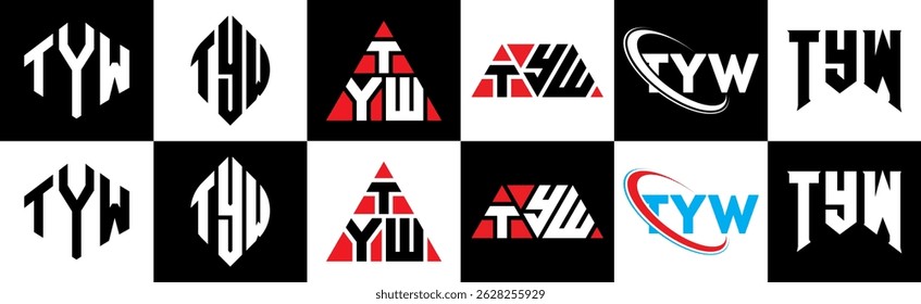 TYW letter logo design in six style. TYW polygon, circle, triangle, hexagon, flat and simple style with black and white color variation letter logo set in one artboard. TYW minimalist and classic logo