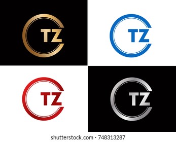 TZ Letter logo Design in a circle. Blue Red and silver gold colored