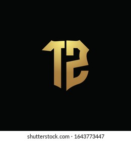 Monograma del logotipo TZ con colores dorados y plantilla de diseño de forma de escudo
