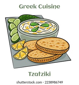 Tzatziki greek sauce. Cooked with grated cucumber, yogurt, olive oil and fresh dill. Isolated vector illustration.