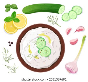 Salsa de Tzatziki con yogur, pepino fresco, ajo, eneldo y jugo de limón. Ilustración del vector