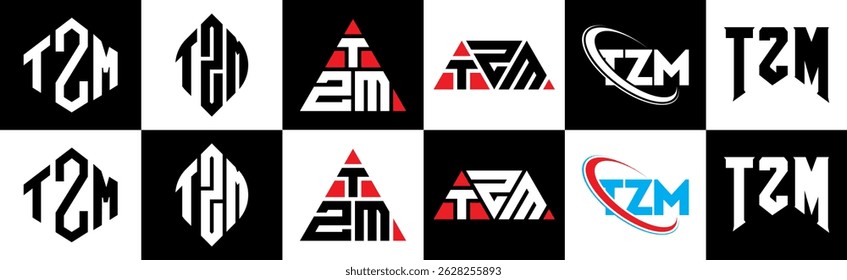TZM letter logo design in six style. TZM polygon, circle, triangle, hexagon, flat and simple style with black and white color variation letter logo set in one artboard. TZM minimalist and classic logo