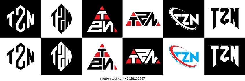TZN letter logo design in six style. TZN polygon, circle, triangle, hexagon, flat and simple style with black and white color variation letter logo set in one artboard. TZN minimalist and classic logo