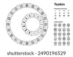 Tzolkin, a 260-day Mesoamerican calendar used by Maya civilization of pre-Columbian Mesoamerica. Small gear with 13 numbers turning a larger gear with 20 day name glyphs clockwise, showing day 4 Ahau.