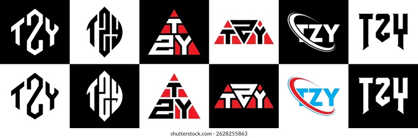 TZY letter logo design in six style. TZY polygon, circle, triangle, hexagon, flat and simple style with black and white color variation letter logo set in one artboard. TZY minimalist and classic logo