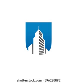 U alphabet building negative space letter logo blue