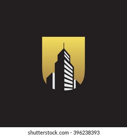 U alphabet building negative space letter logo gold black background