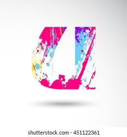 U Alphabet with colors splash style on grungy vector illustration