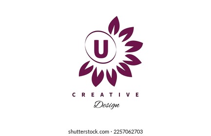 U alphabet flower logo design. Premium water color round frame illustration template