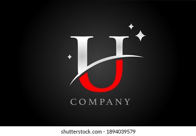 U alphabet letter logo for company and corporate in black red and white colors. Creative design with stars. Can be used for a logotype or branding