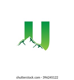 U alphabet mountain negative space letter logo green