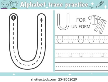 U alphabet tracing practice worksheet and Uniform coloring book page with outline vector for Pre-school Kids
