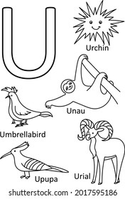 U animals names, Alphabet coloring for kids, Alphabet animals coloring page, ABC coloring, Preschool education