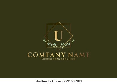 U Beauty vector initial logo, Golden floral letters with flowers leaves and gold splatters isolated on white background. Vector illustration for wedding, greeting cards, invitations template design

