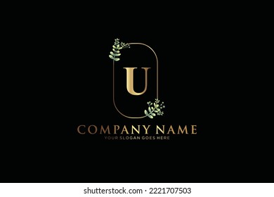 U Beauty vector initial logo, Golden floral letters with flowers leaves and gold splatters isolated on white background. Vector illustration for wedding, greeting cards, invitations template design