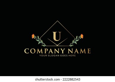 U Beauty Vektor-Erstlogo, Goldene Blumenbriefe mit Blütenblättern und Goldsplatten einzeln auf weißem Hintergrund. Vektorgrafik für Hochzeiten, Grußkarten, Einladungen, Vorlagendesign