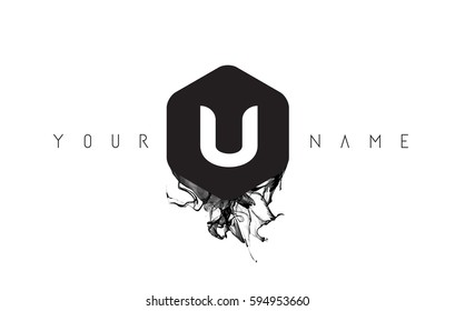 U Black Ink Letter Logo Design with Rounded Hexagon Vector. 