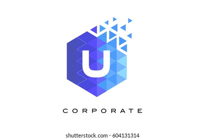U Blue Hexagonal Letter Logo Design with Mosaic Blue Pattern.