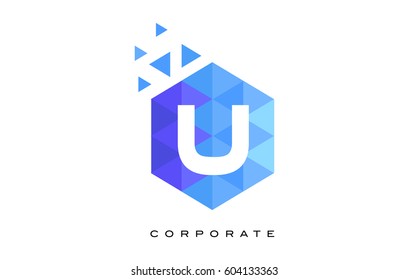U Blue Hexagonal Letter Logo Design with Mosaic Blue Pattern.