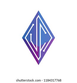 U C Initial letter block chain logo icon vector template. Looping mono line circuit letter on rhombus cube logo