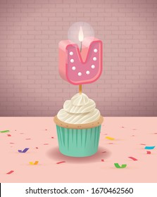 U - Candle Alphabet and Delicious Birthday Cupcake.