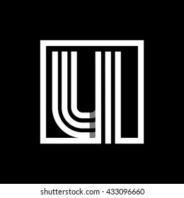 U capital letter made of of three white stripes enclosed in a square. . Overlapping with shadows monogram, logo, emblem. Trendy design.