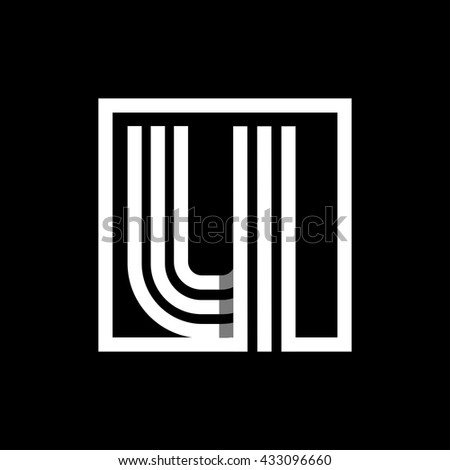 U capital letter made of of three white stripes enclosed in a square. . Overlapping with shadows monogram, logo, emblem. Trendy design.