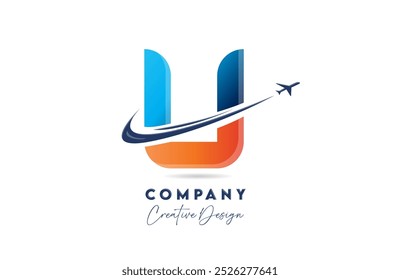 U corporate letter alphabet logo icon design with swoosh plane suitable for an air or aerospace travel company or business