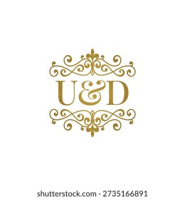 U D initials logo ornament gold. Letter UD wedding ampersand or business partner symbol.