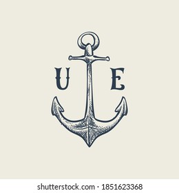 U and E initial letter with anchor logo vector design