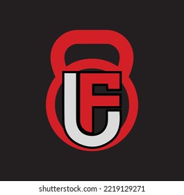 Logo de U F fitness con diseño de iconos vectoriales de Kettlebell y diseño del logotipo de Barbell Fitness Gym.