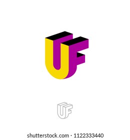 U and F logo. Construction emblem. U and F monogram. 3D purple and yellow emblem. Abstract volume logo. Building or construction logo. Monochrome option.